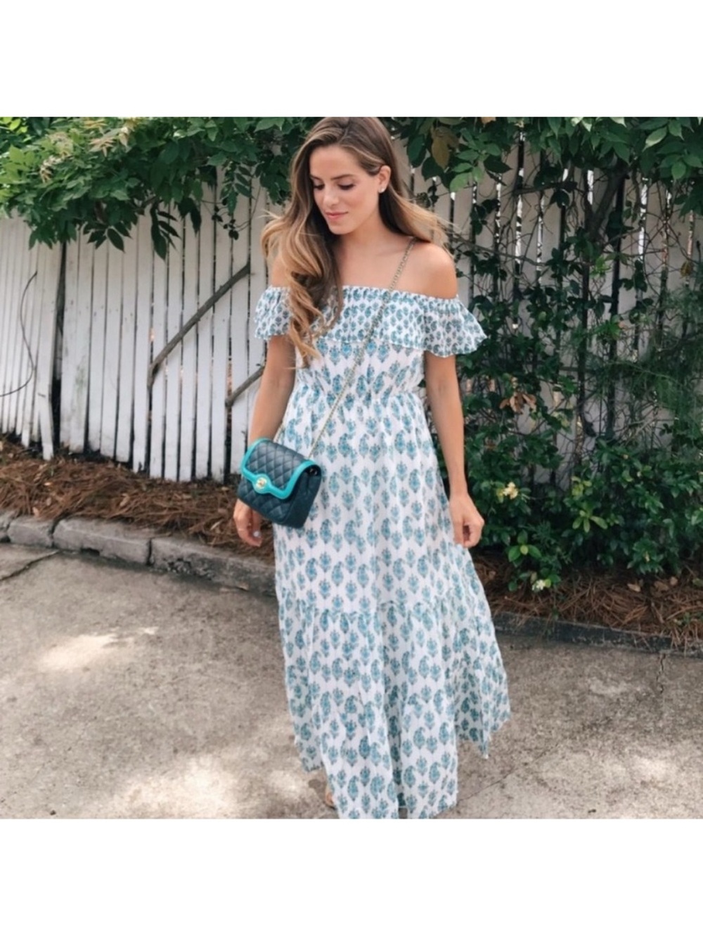 Club Monaco Off-Shoulder Blue Printed Maxi Dress